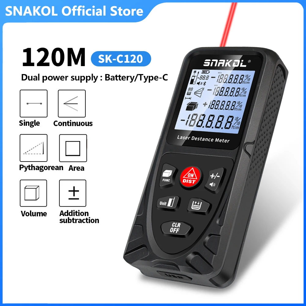 Snakol Laser Distance Meter 50M 70M 100M 120M Profesional Digital Rangefinder Roulette Ruler Laser Tape Measure with USB Charge