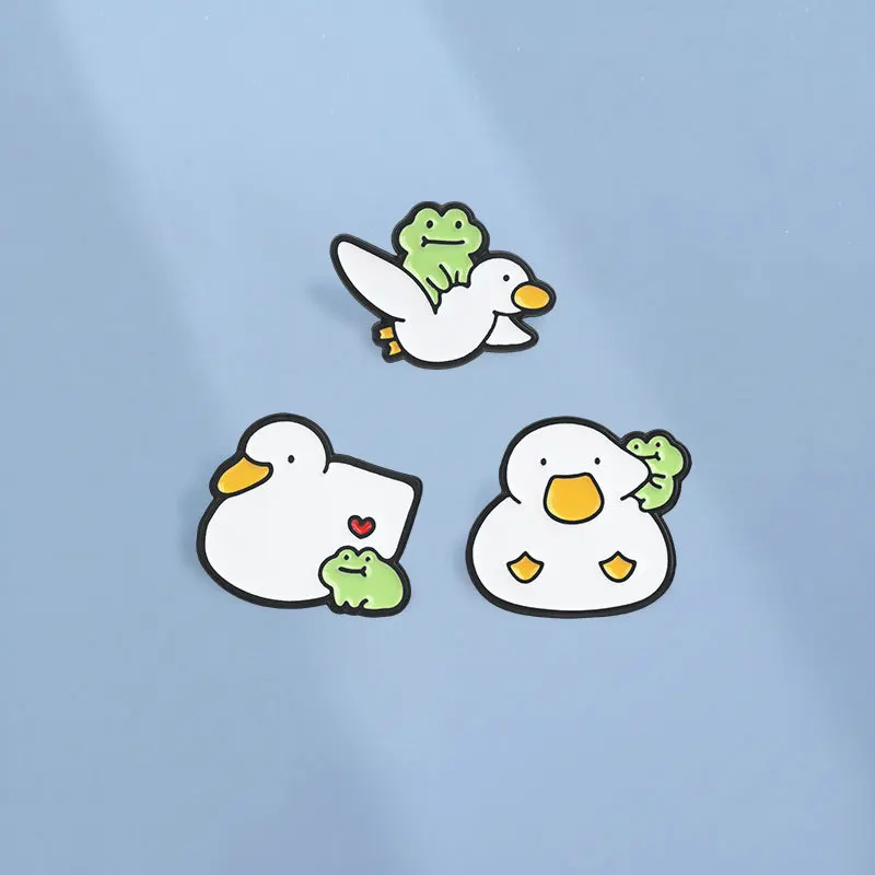 Cute Duck Frog Combo Brooch Cartoon Casual Commute Gift Metal Badge Pins DIY Clothing Bags Hat Scarf T-shirt Jeans Accessory