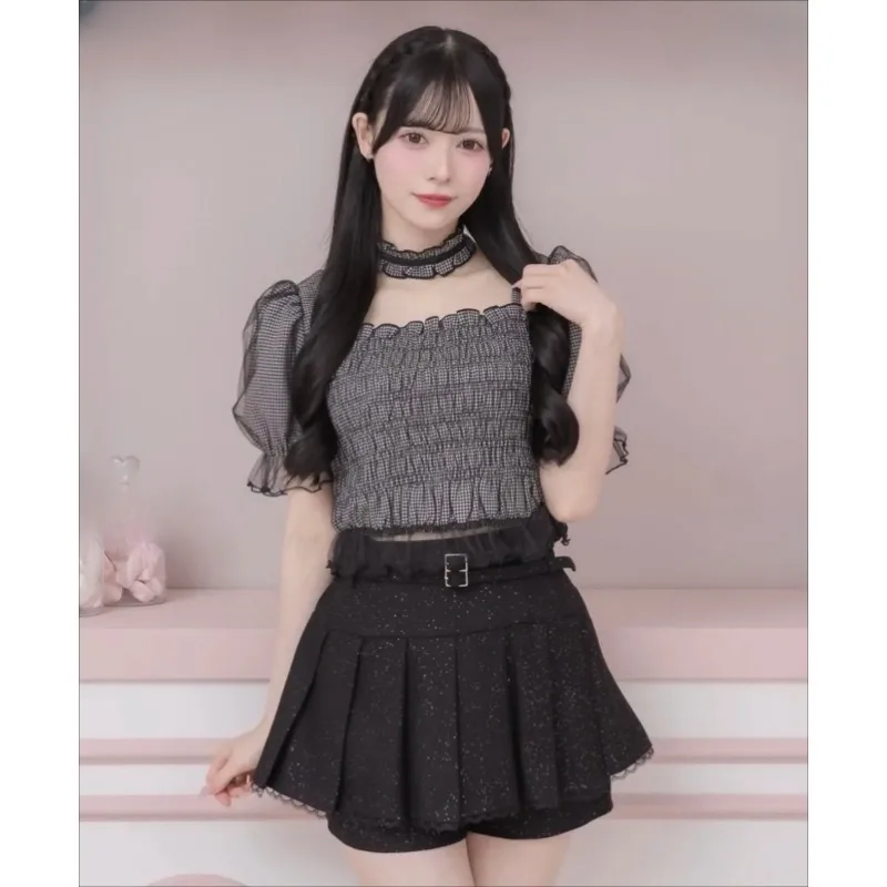

Japanese Sweet Lace Blouse Top Women Girls Summer New Stretchy Slim-fit Square Neck Puff Sleeve Shirt Preppy Style Plaid Blouse