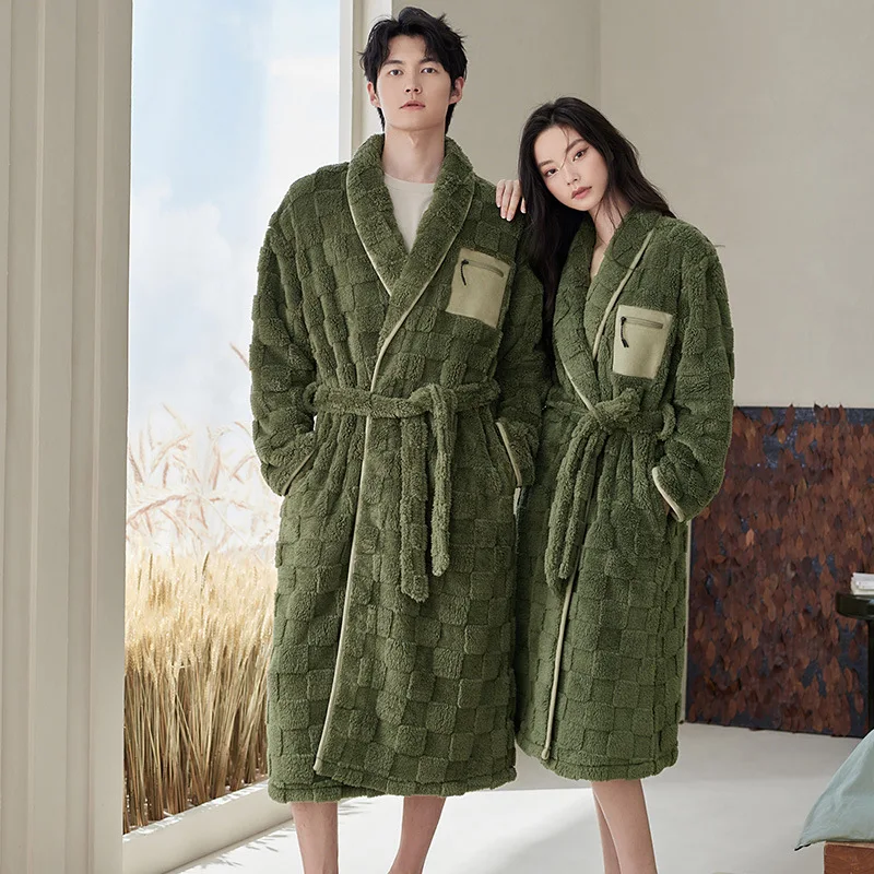 Women's Winter Bathrobe Fleece Solid Long Sleeve Warm Couple Kimono with Sashes Pockets Green Loose Dressing Gown for Female