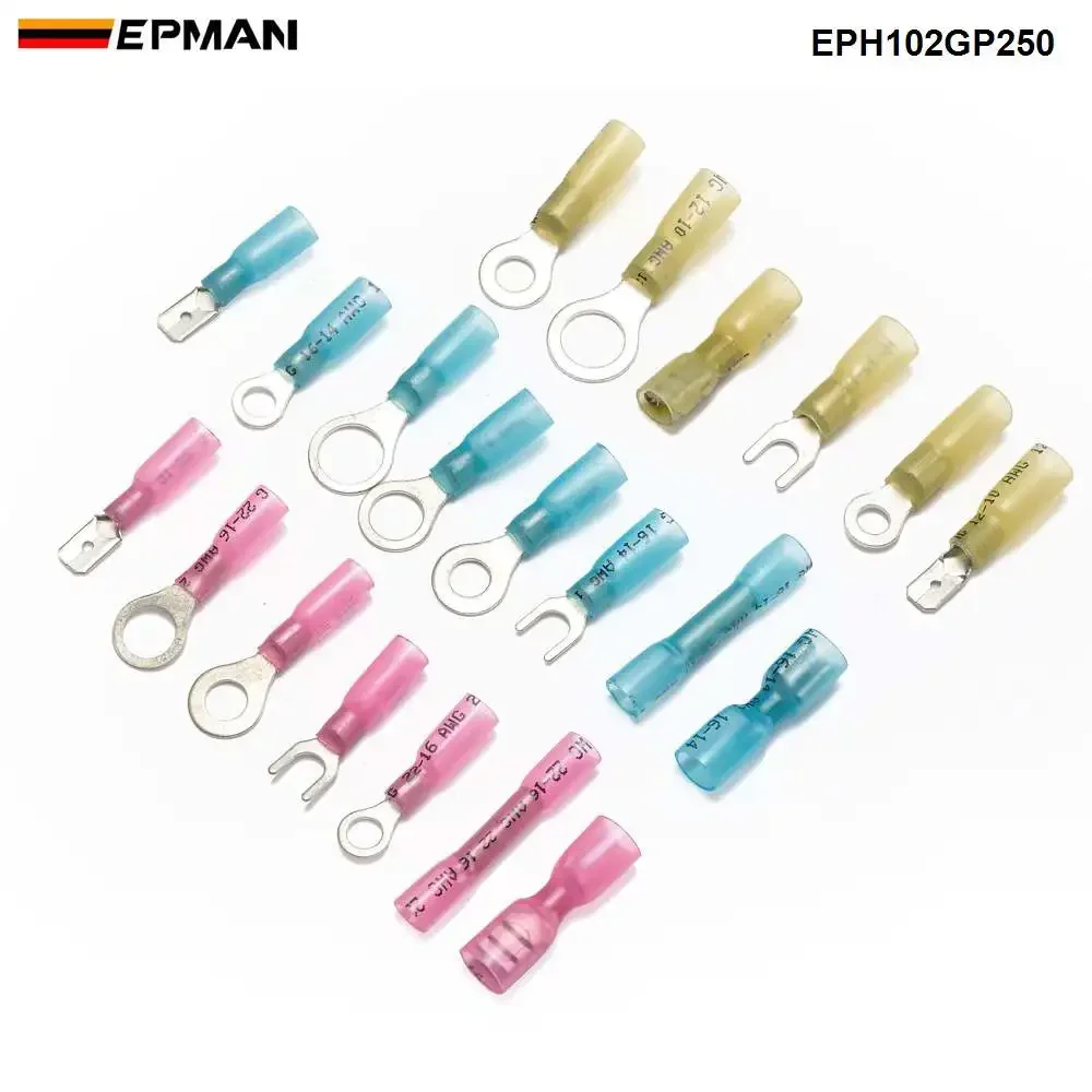 EPMAN 250pcs pieces heat shrink insulated Electrical connectors rear ring crimp terminals Kit EPH102GP250