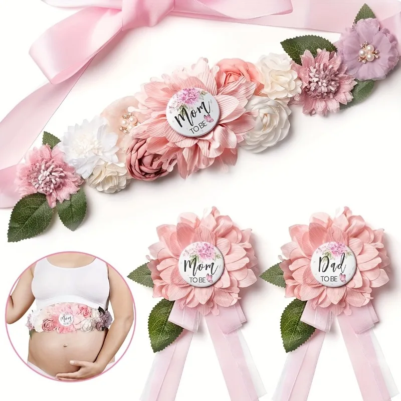 Elegant Pink Floral Maternity Sash & Parent-To-Be Corsage Set, Baby Shower Gender Reveal Party Decor & Photo Prop