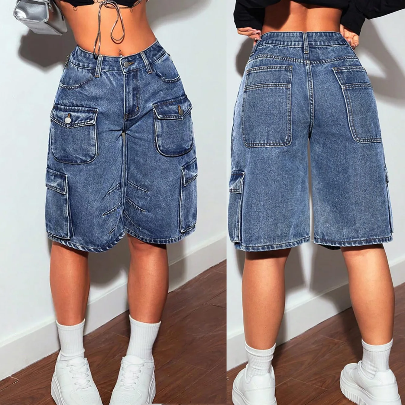 Shorts Women Knee Length Cargo Jeans Multiple Pockets High Waist Washed Distressed Streetwear 2025 Summer Denims Short Pants