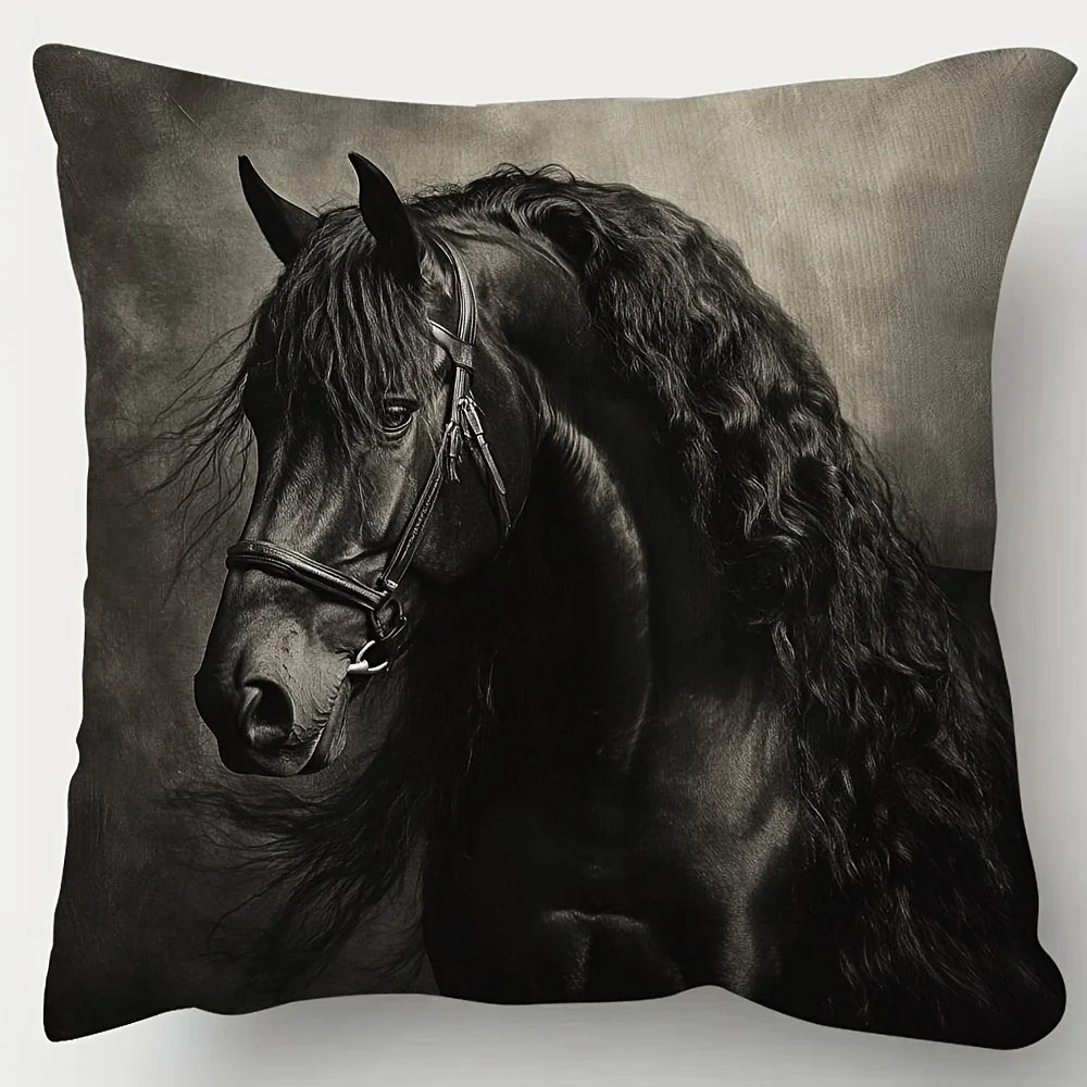 1pc 2D Flat Pillow Not Included Black Horse Portrait Monochrome Art Cushion Cover Short Plush Equestrian Home Decor Gift Case