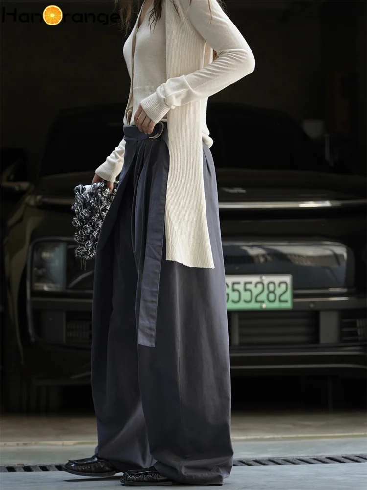 HanOrange 2025 Jesienna Moda Retro Spodnie z Paskiem na Boku w Talii Damskie Luźne Spodnie Ciemnoszare/Zielone Wojskowe