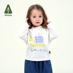 Amila Baby T-Shirt 2025 Spring New Solid Color Cotton Cute Snail Cartoon Pattern Fresh Breathable Soft Casual Children's Top