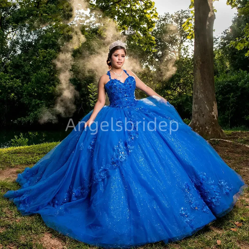 Angelsbride Royal Blue Tiered Ball Gown Quinceanera Dresses Spaghetti Straps Appliques Corset Charming Vestidos De 15 Años