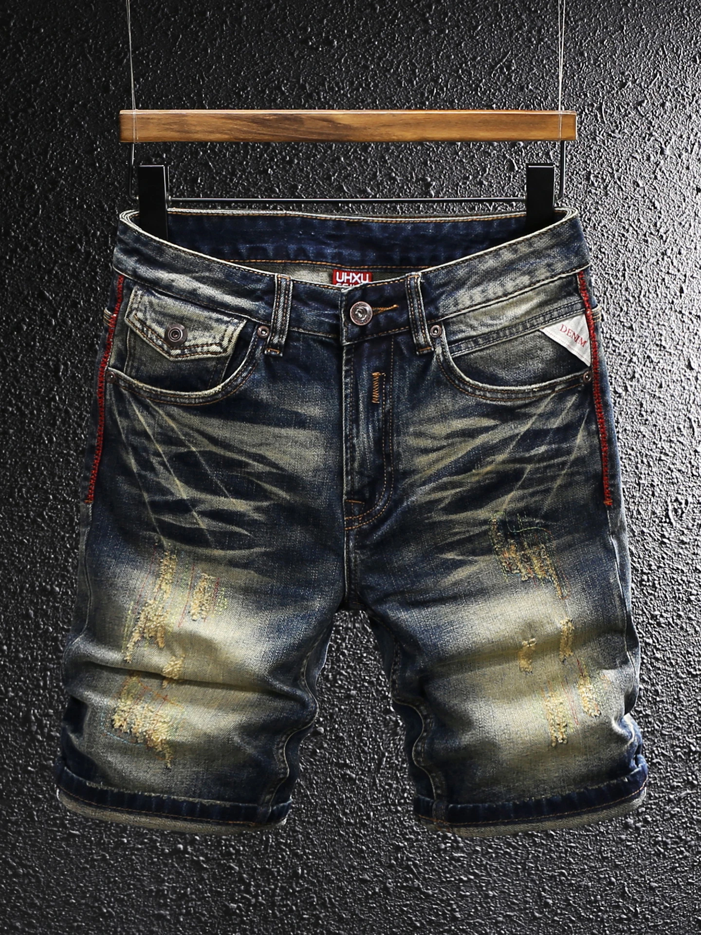 

Мужские джинсовые орты в стиле ретро в американском стиле с вышивкой и рваным дизайном, новая летняя классическая одежда из смеси хлопка и полиэстера