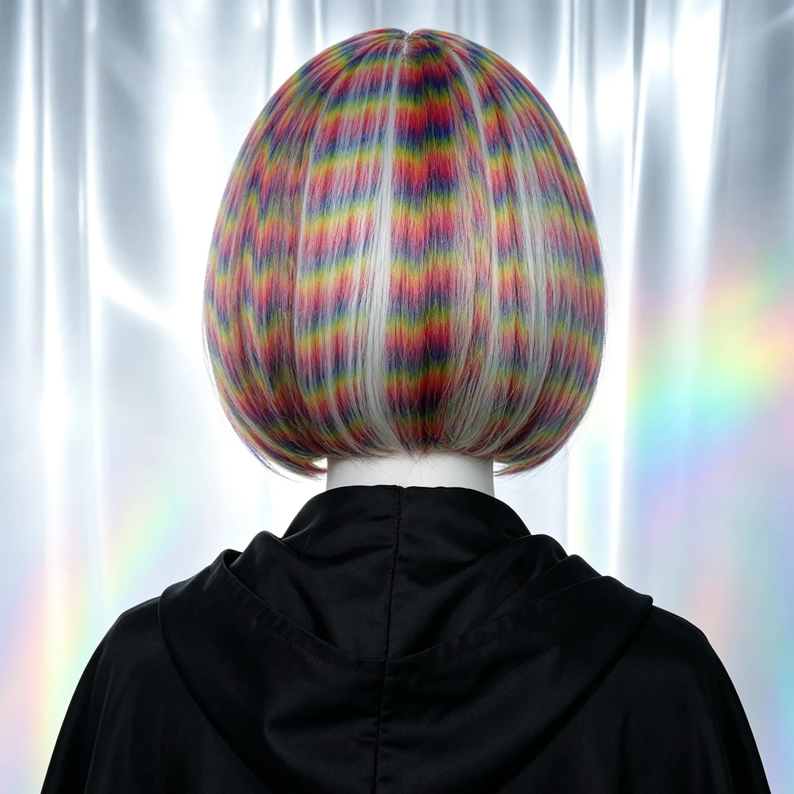 Rainbow Striped Short Bob Wig With Flat Bangs Synthetic Full Head Wig For Women Halloween Christmas Cosplay Party Costume