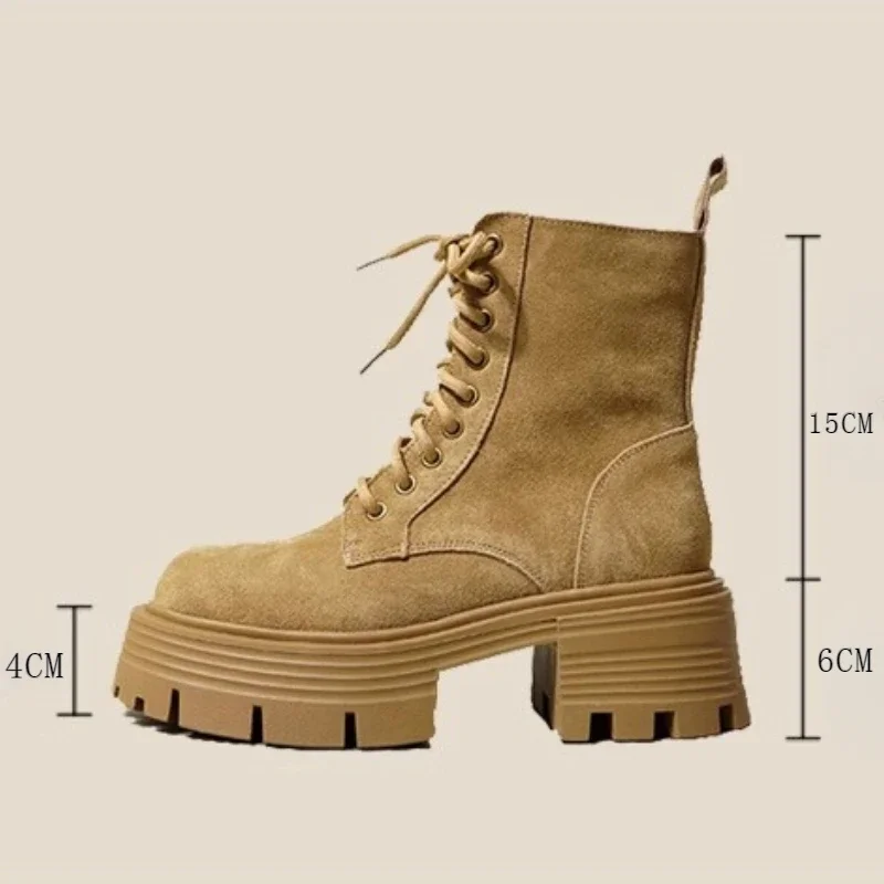 Retro Laces Ankle Boots Women Fashion Leather Suede Platform Boots Side Zipper Design Short Boots British Style Ladies Snow Boot