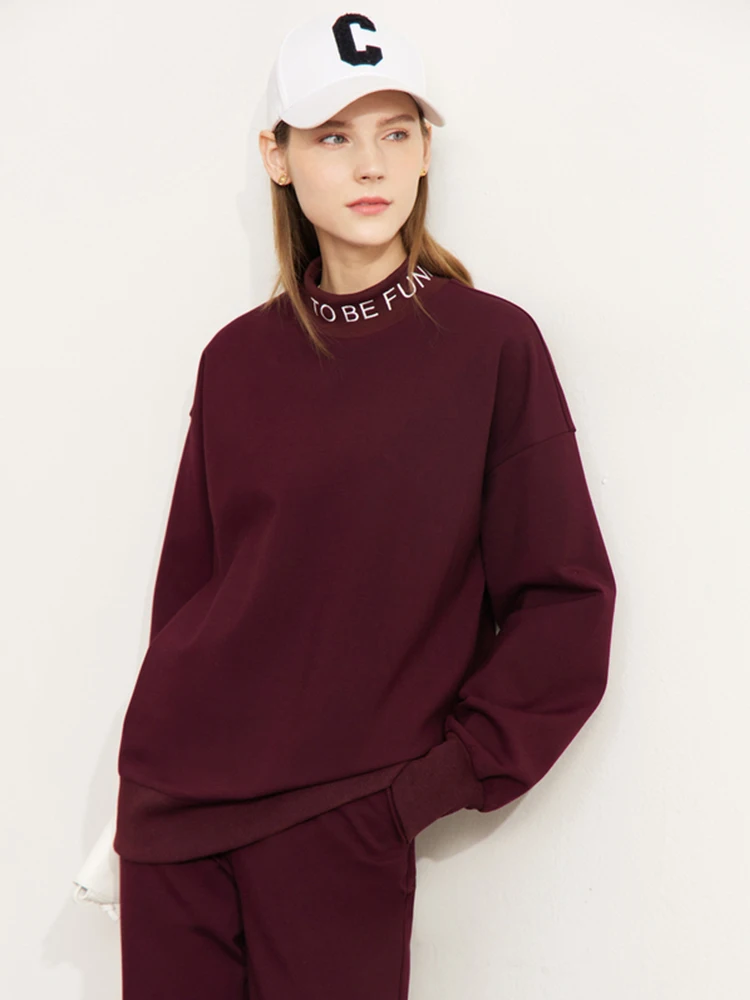 AMII Minimalism Women Sweatshirt Warm Winter Velvet Letter Embroidery Turtleneck Tops Pocket Pencil Pants Separately 12241086