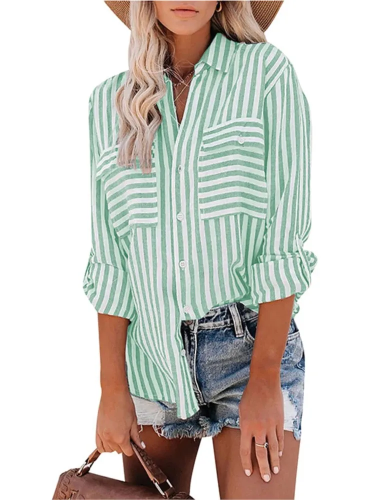 2024 Autumn New Casual Striped Shirt Single Breasted Long Sleeve Women Elegant And Youth Pocket Tops Woman Stylish Blouse Spring