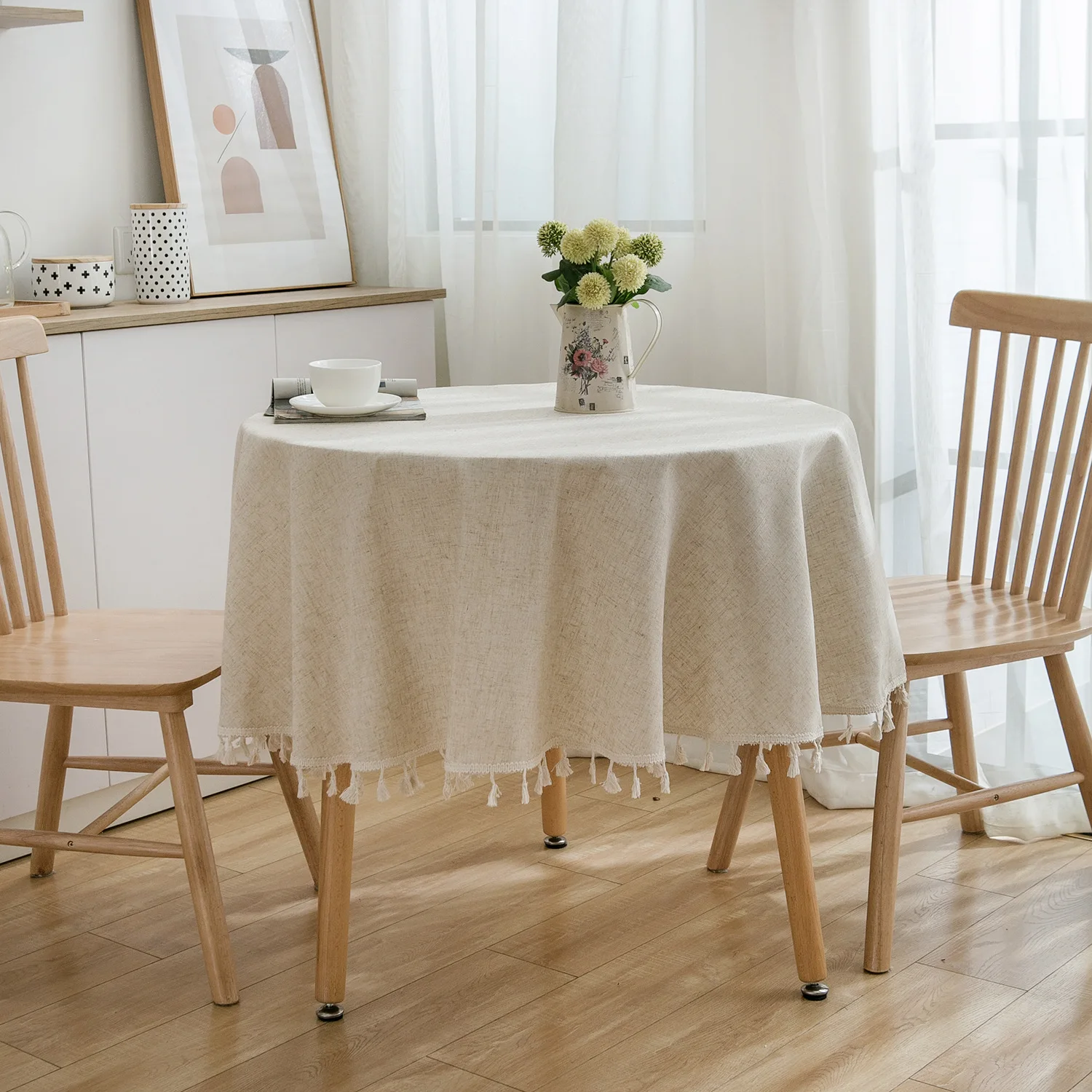 

tablecloth round Polyester and linen plain tablecloth with tassels for round table Japanese tablecloth