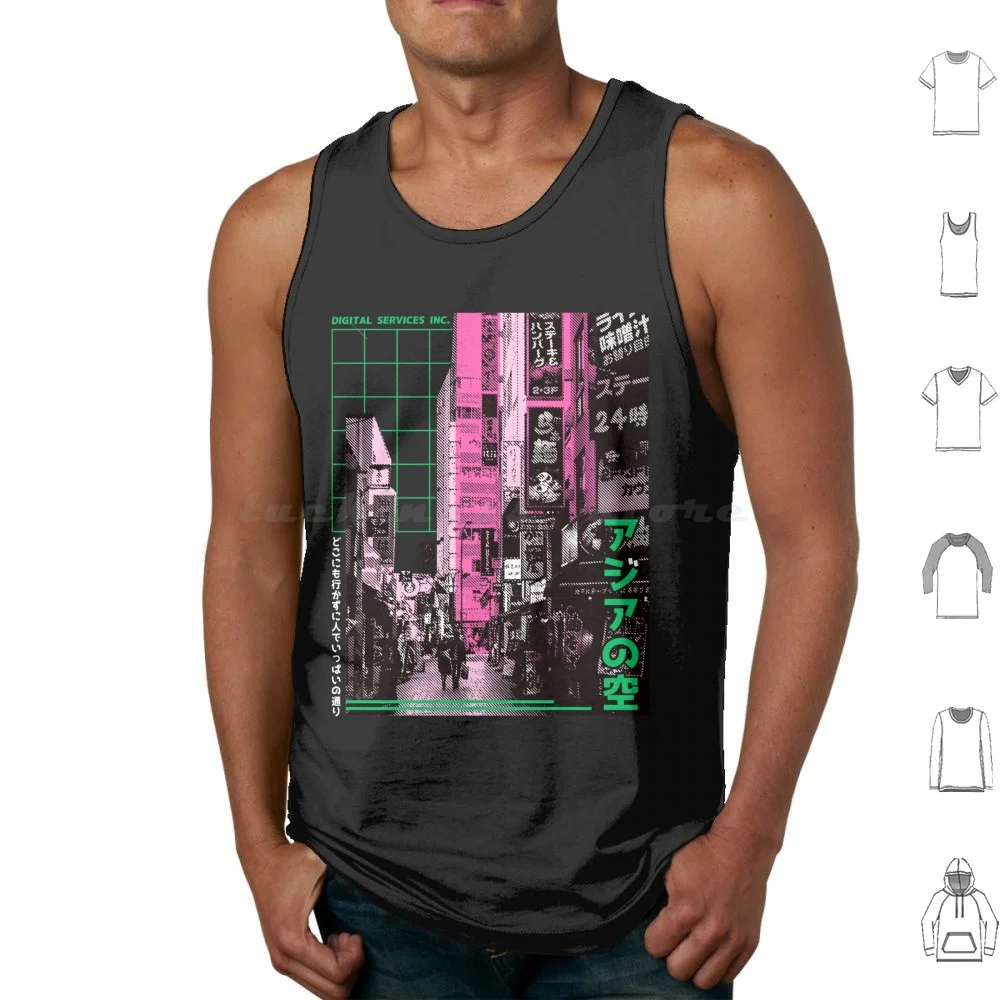 Vaporwave Japanese Neon City Tank Tops Print Cotton Vaporwave Japanese Cyborg Robot Glitch Hipster Future Fashion Urban