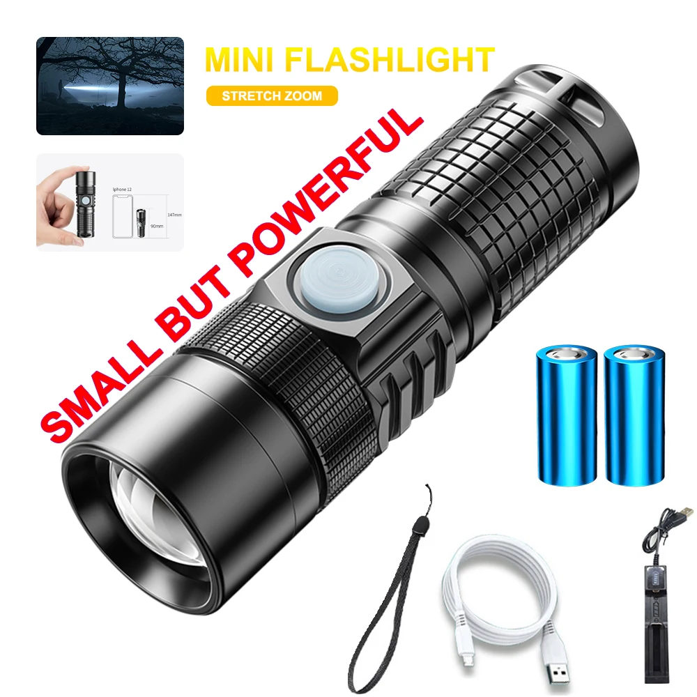 Mini Flashlight Rechargeable Type c 18650 16430 Battery Zoomable 4 Modes Waterproof IPX7 Super Bright Torch Light LED Handlight