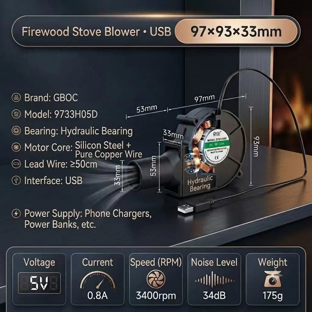 For 9733 Turbo Blower Fan High-Performance Variable Speed Air Blower for Firewood Stove BBQ Charcoal Grill Camping Portable USB