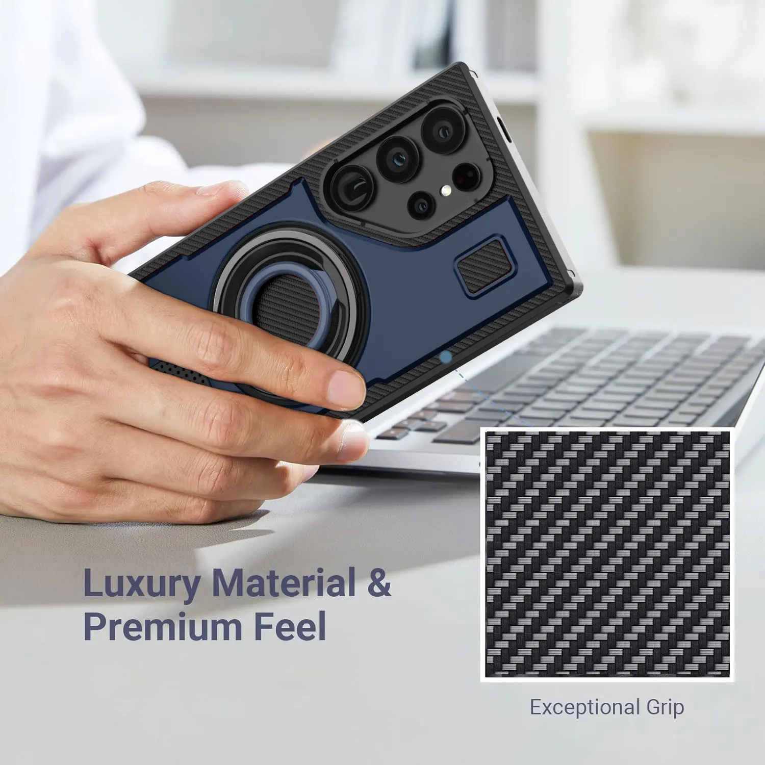 Para samsung galaxy s23 ultra 5g caso de telefone híbrido à prova de choque duplo anel kickstand áspero híbrido fino duro capa de telefone azul