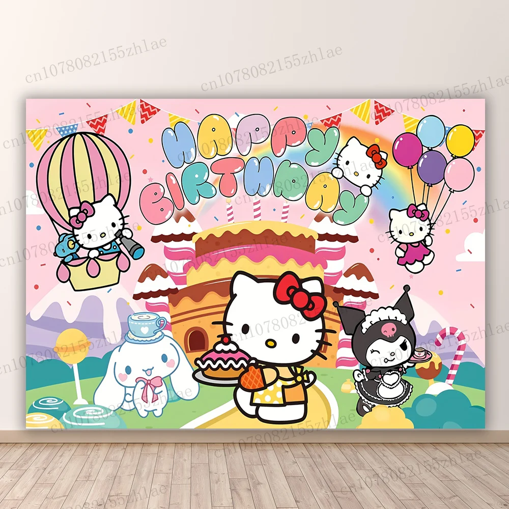 Hello Kitty Birthday Party Photo Backdrop Baby Shower  Photo Background Banner Cartoon Photography Backdrop