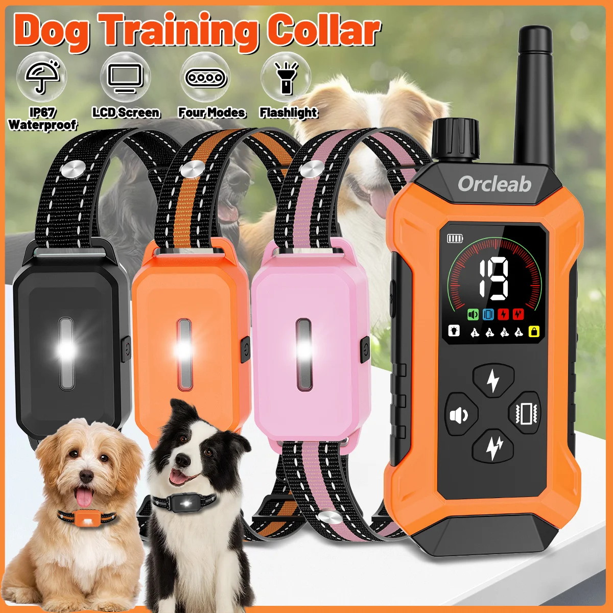 

ORCLEAB Dog Training Collar Waterproof Rechargeable Remote Control Pet Flashlight with LCD Display 4 Modes for All Size Dogs