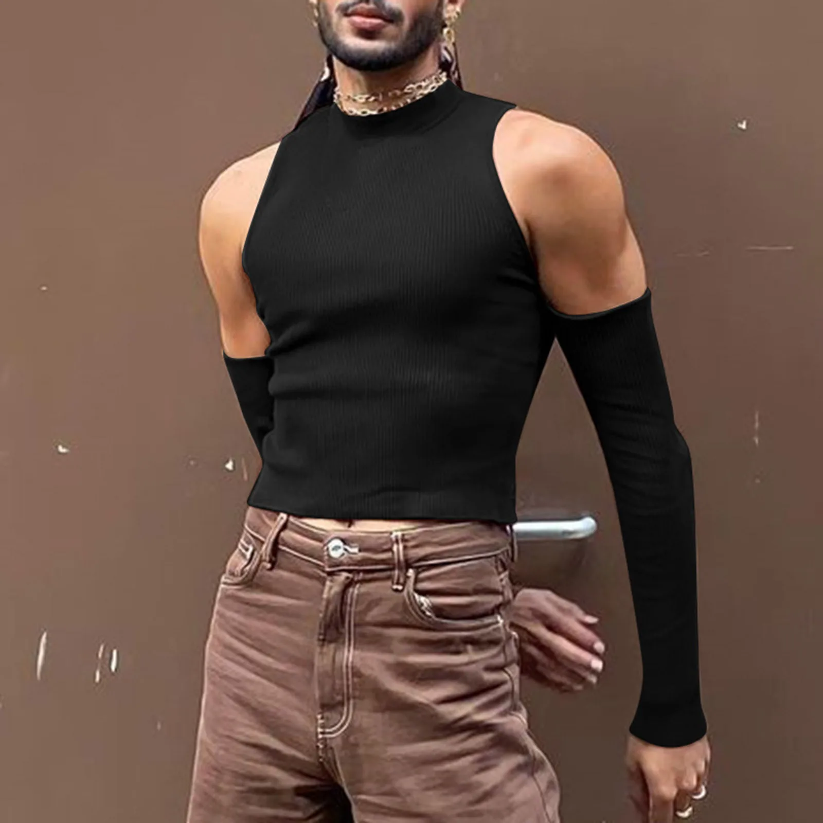 Nowa Elegancka Męska Koszulka z Długim Rękawem z Wycięciami Casualowa Bluza z Golfem Streetwear Seksowna Krótka Bluzka z Odkrytymi Ramionami na Lato