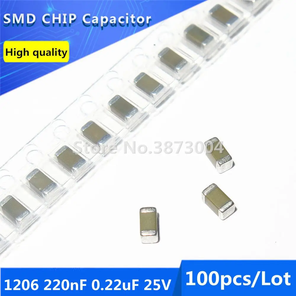100pcs 1206 220nF 0.22uF 25V X7R 10% Thick Film Chip Multilayer Ceramic Capacitor