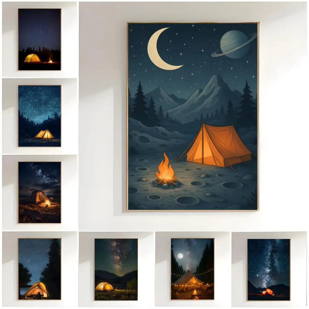 cute artwork t-tent starry camping Poster Classic Wall Art  Home Decor  Peel and Stick Unframed