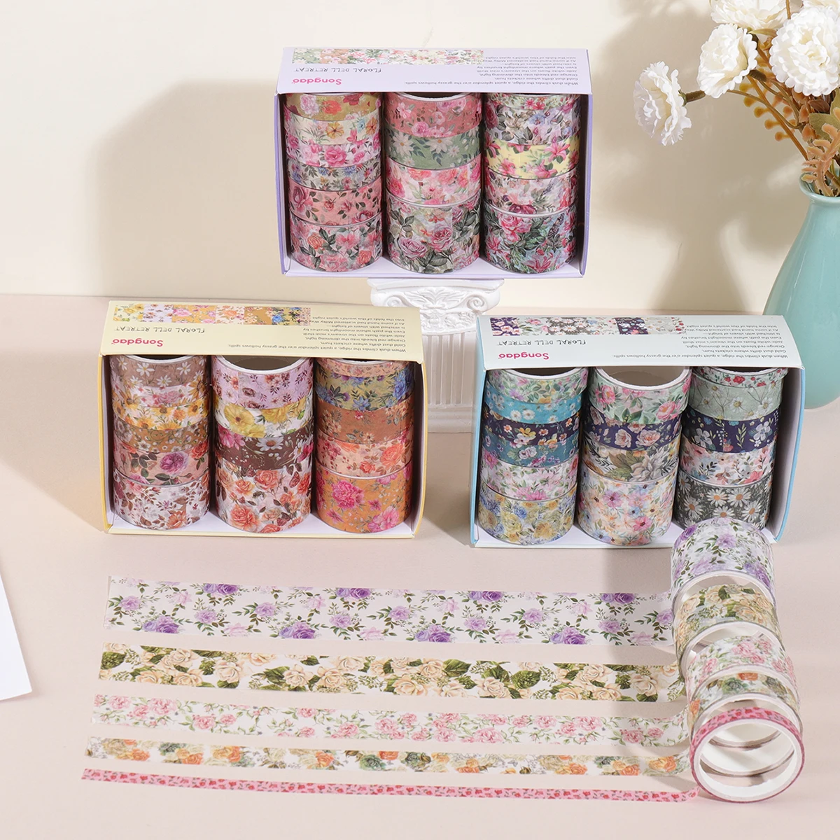 مجموعة 15 لفة/صندوق من شريط واشي بطابع الأزهار، تتميز بأنماط أوراق الزهور المختلفة، ومواد تزيين المجلات بنفسك