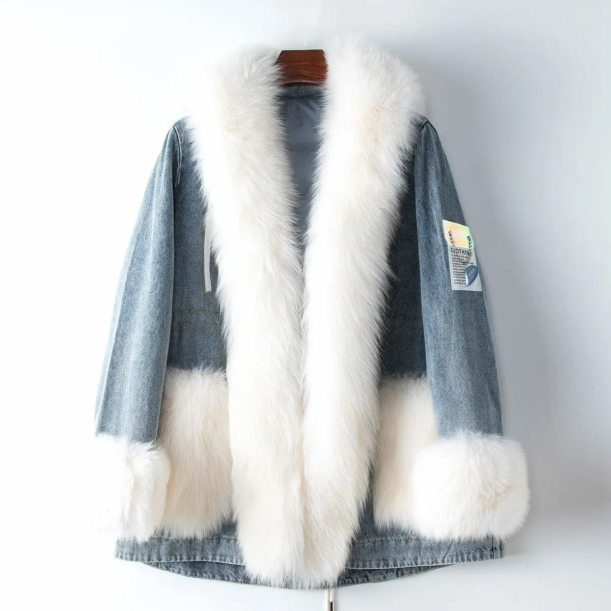 clothing 2024 spring new casual denim splicing fox fur medium long duck down jacket for women