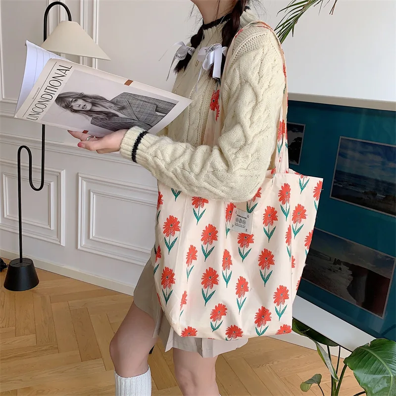 Floral Canvas Tote Bag for Women Large Capacity Printed Shoulder Bag Shopping Bag Female Fashion Casual Open Handbag