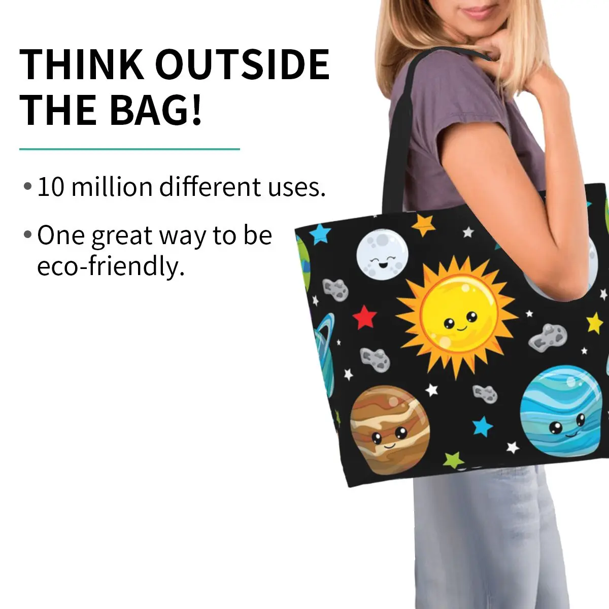 Kawaii Planets Cute Solar System Shopping Tote Bag Canvas Large Capacity Shoulder Bags Shopper Grocery Handbag for Women