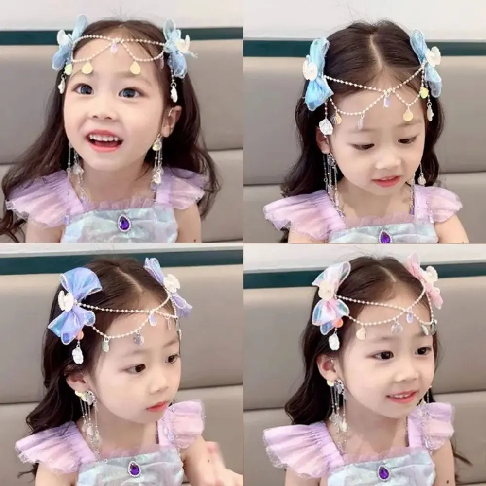 Children Cute Baby Mermaid Princess Pearl Fringe Bow Forehead Chain Hairpin Fairy Hair Accessories Cartoon Girls Hair Clip