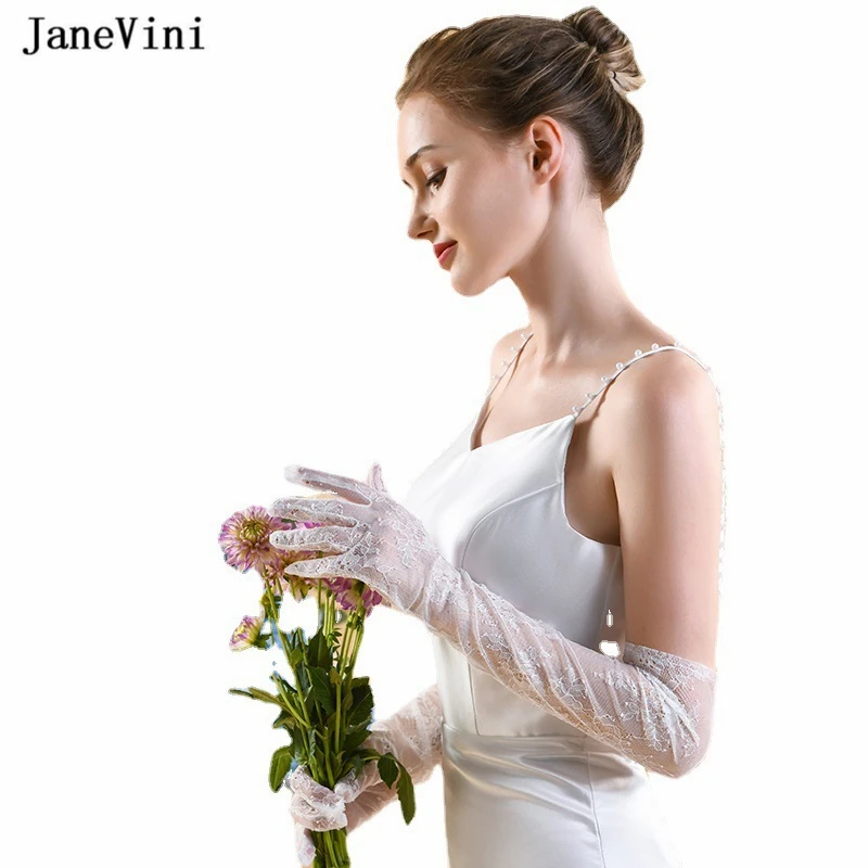 JaneVini 2023 Elegantes Mulheres Lace Mão Luvas 58CM Longas Luvas De Noiva Dedo Cheio Comprimento Ópera Luva Vestido de Casamento Acessórios