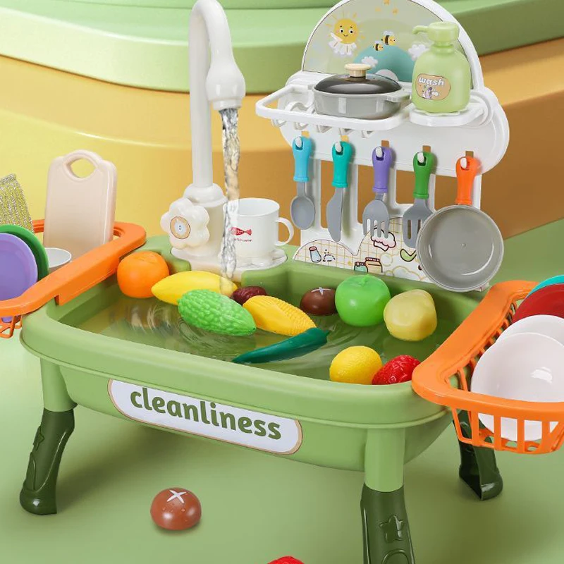 Pretend Role Play Kitchen Toys Set with Upgraded Working Faucet and Dishes Play set Kids Pretend Play Kitchen Sink Toys