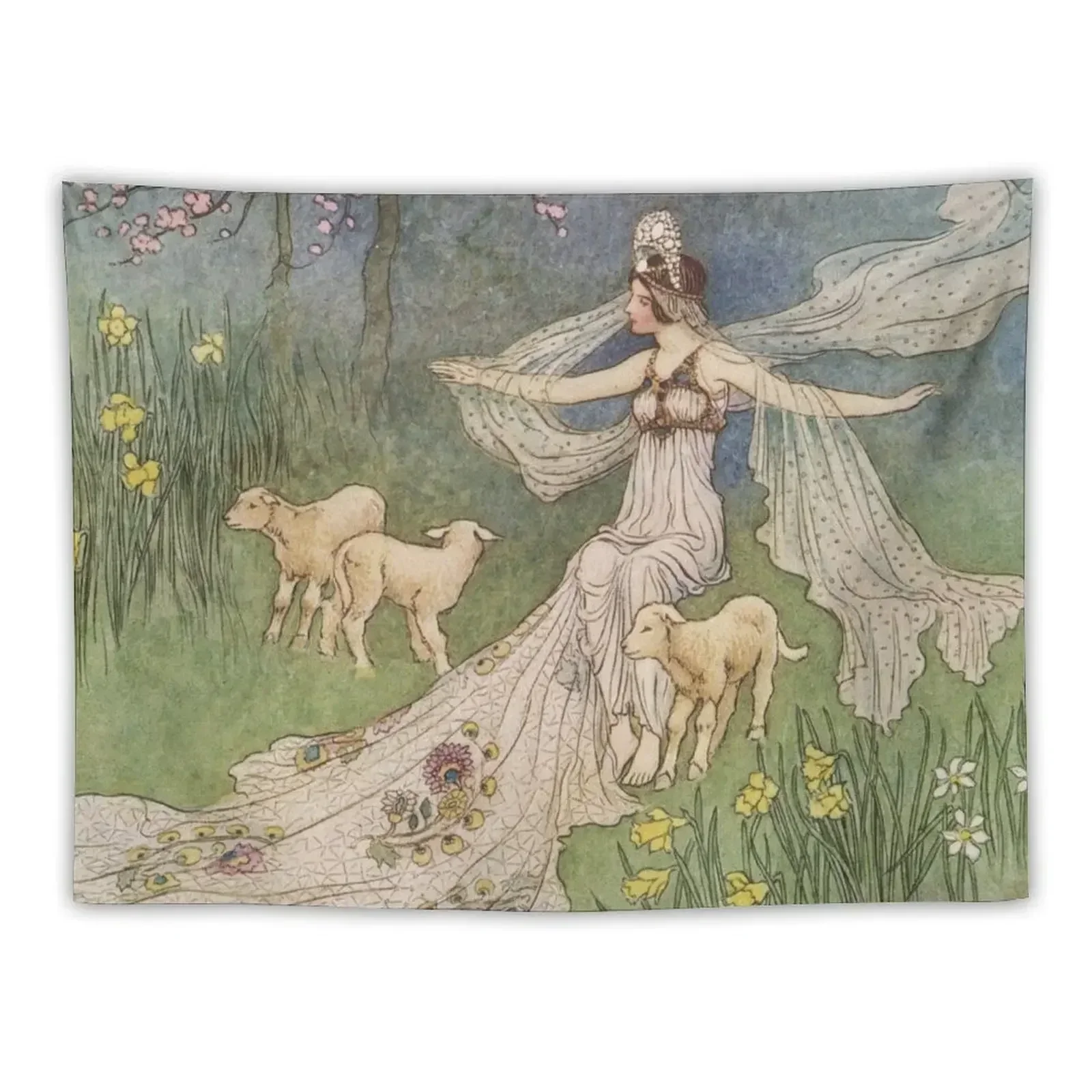 Goddess of Springtime with lambs vintage illustration - Warwick Goble Tapestry Aesthetic Room Decors Tapestry