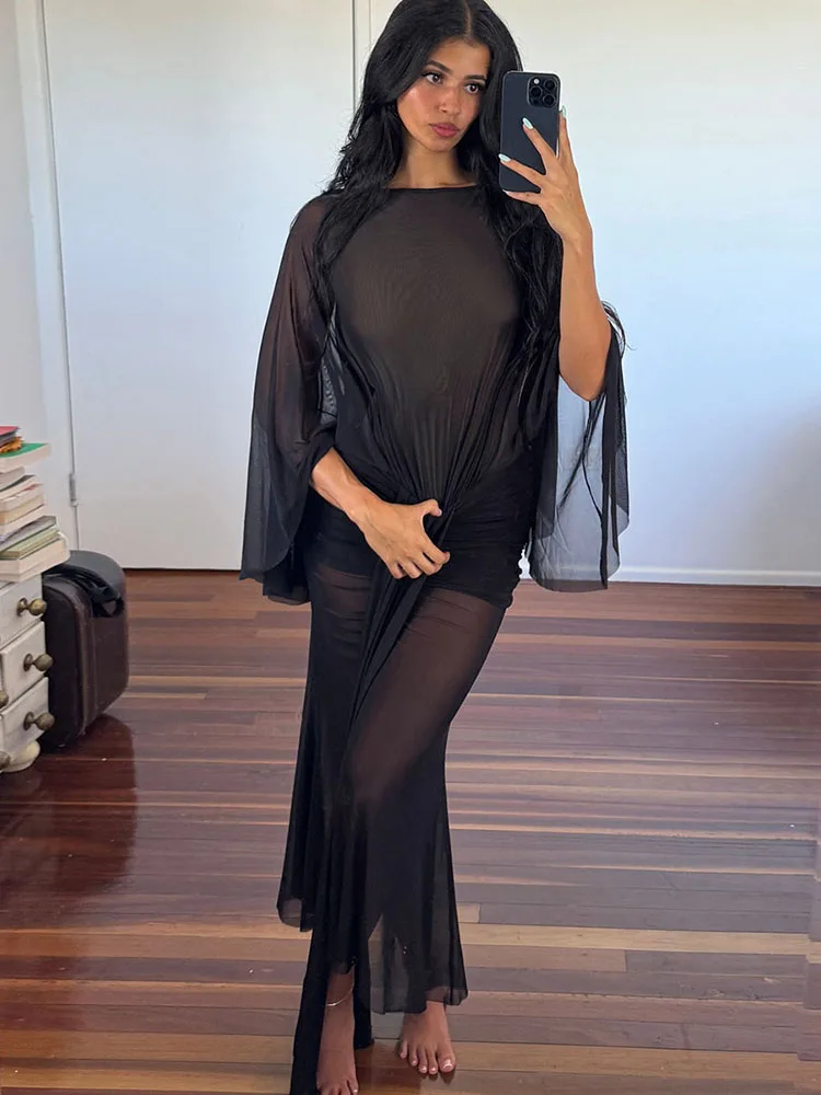 Estranho gato sem costas borboleta vestido feminino dupla camada retalhos ruched manga cheia estiramento magro clubwear festa maxi bodycon