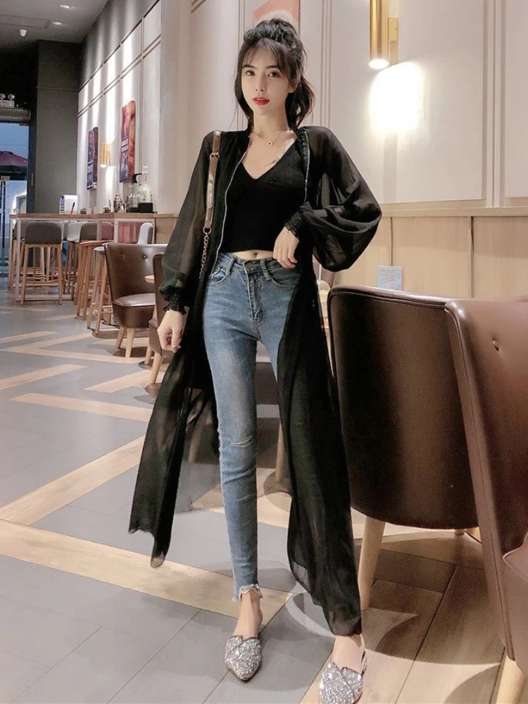 Summer Sheer Long Jackets Women Sun-proof Fashion Elastic Waist Tunic See Through Thin Korean Style Breathable Casual Solid Soft