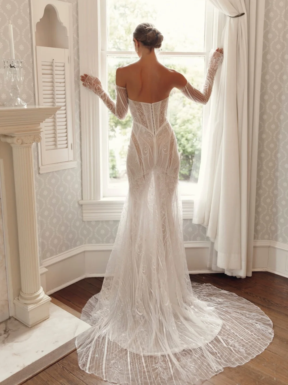 Shimmering Lace Appliques Wedding Dress Sweetheart Neck Mermaid Bridal Gown Customized  Detachable Sleeve Dresses For Bride
