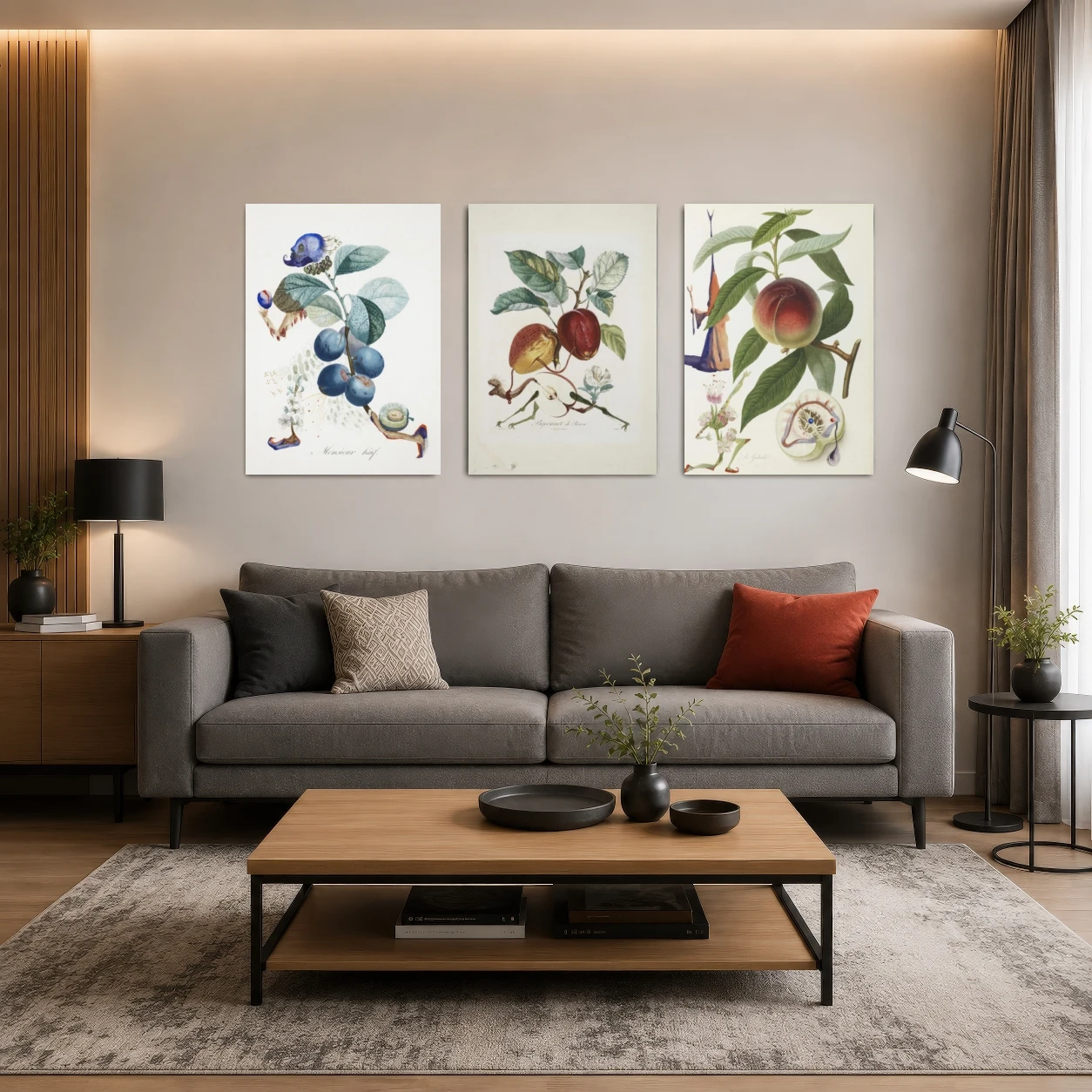 2D Flat, 3pcs Botanical Fruit and Flower Wall Art Prints, Blueberry, Apple and Peach, Frameless Print Set for Living Room Bed