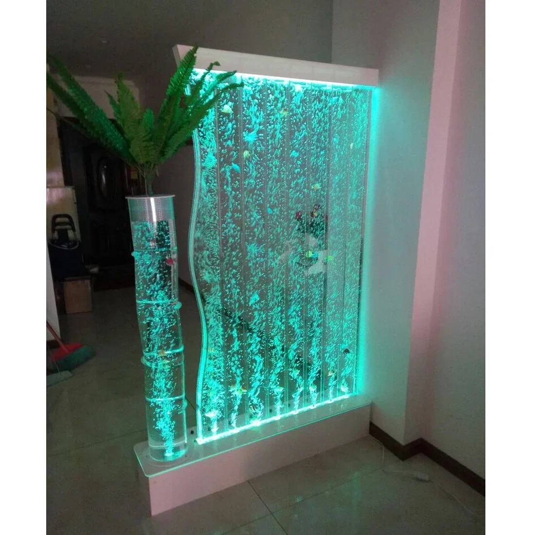 Acrylic water curtain wall flowing water bubble water dance custommade screen partition porch fish tank living room coconut tree
