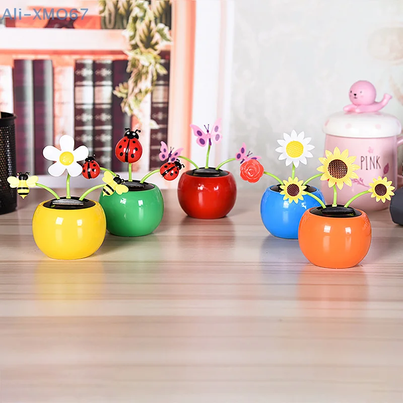 1PC Auto Dashboard Decor Office Indoor Car Ornament Flower Pot Solar Powered Dancing Shaking Head Cartoon Apple Flower Pot