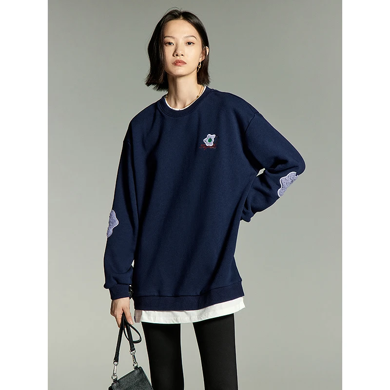 Nach Jugend Frauen gefälschte zweiteilige Sweatshirt 2024 Herbst Langarm o Hals lose Hoodie 3d Blumen stickerei lässig grau Marine Tops