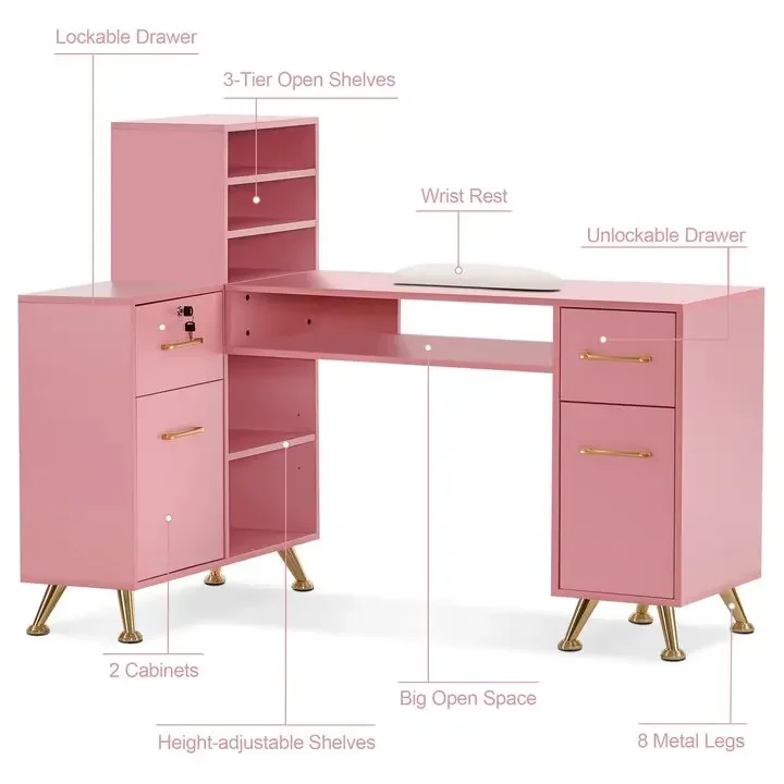 Pink Nail Desk Table For Nails Salon Furniture Manicure Tavolo Unghie Mesa De Design Desk With Dust Collector Nail Tech Chair