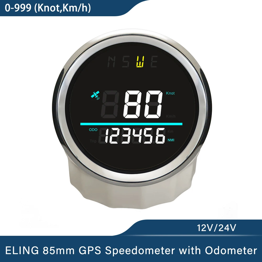 ELING Newest 85mm Digital GPS Speedometer 0-999 (Knots, km/h) for Marine Sailboat Yacht with Backlight GPS Antenna 12V 24V