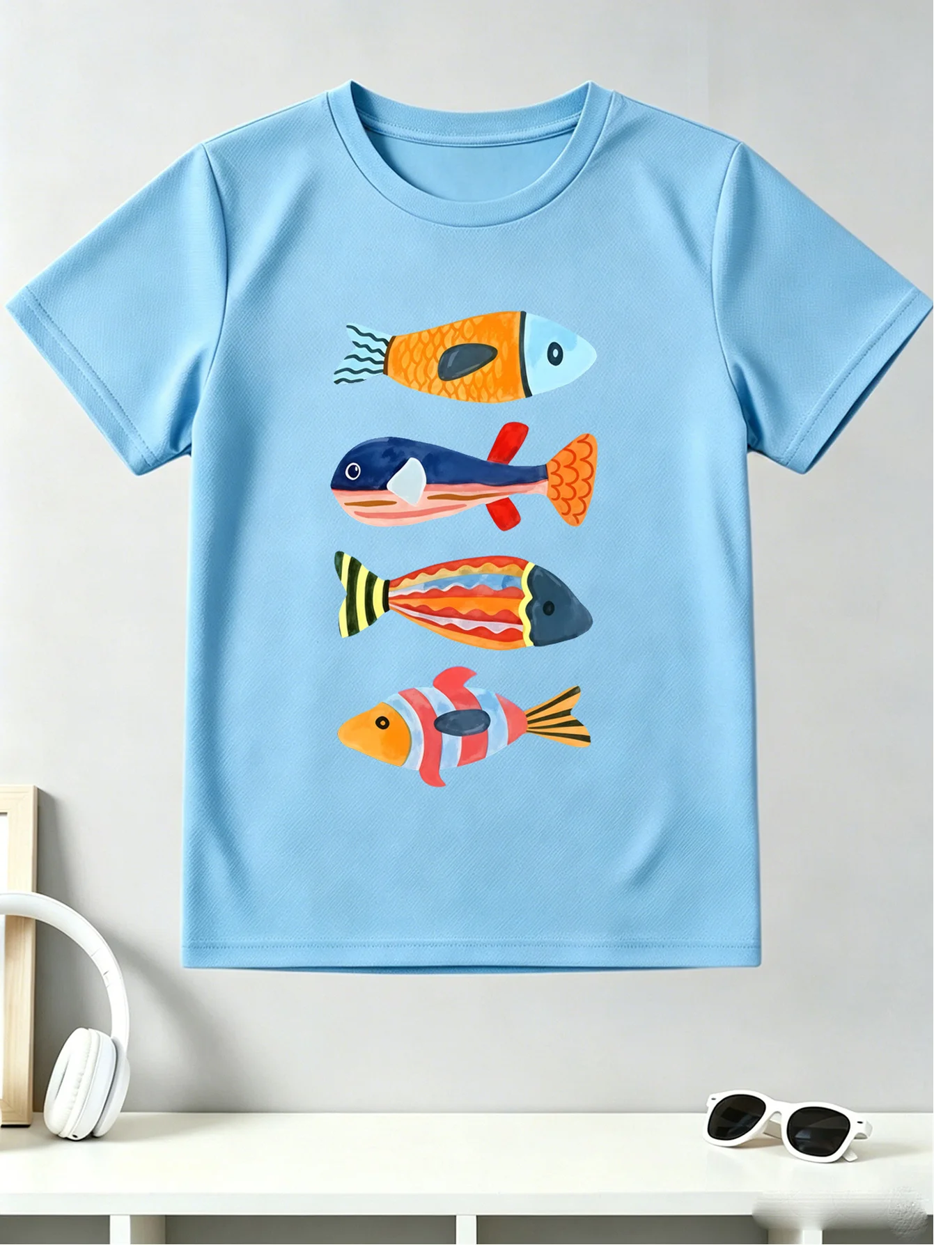 Colorful Striped Tropical Fish Cartoon Sea Animal Graphic Print T Shirt Family Matching Boys Girls Kids Short Sleeve Daily Tees