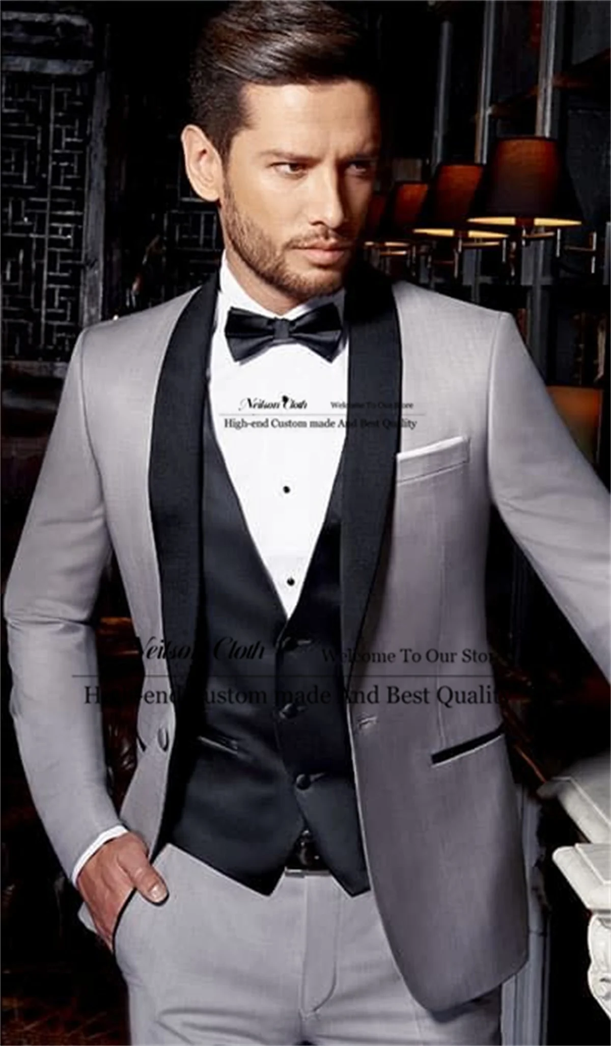 

Grey Shawl Lapel Male Prom Blazers 3 Pieces Sets One Button Groom Wedding Tuxedos Customized Slim Fit Groomsmen Terno Masculino