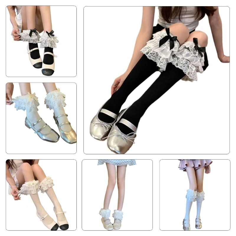 Fashionable Frilly Anklet Socks with Tiered Ruffle Lace Sweet Bowknot Wing Calf Socks for Parties and Casual Outfits