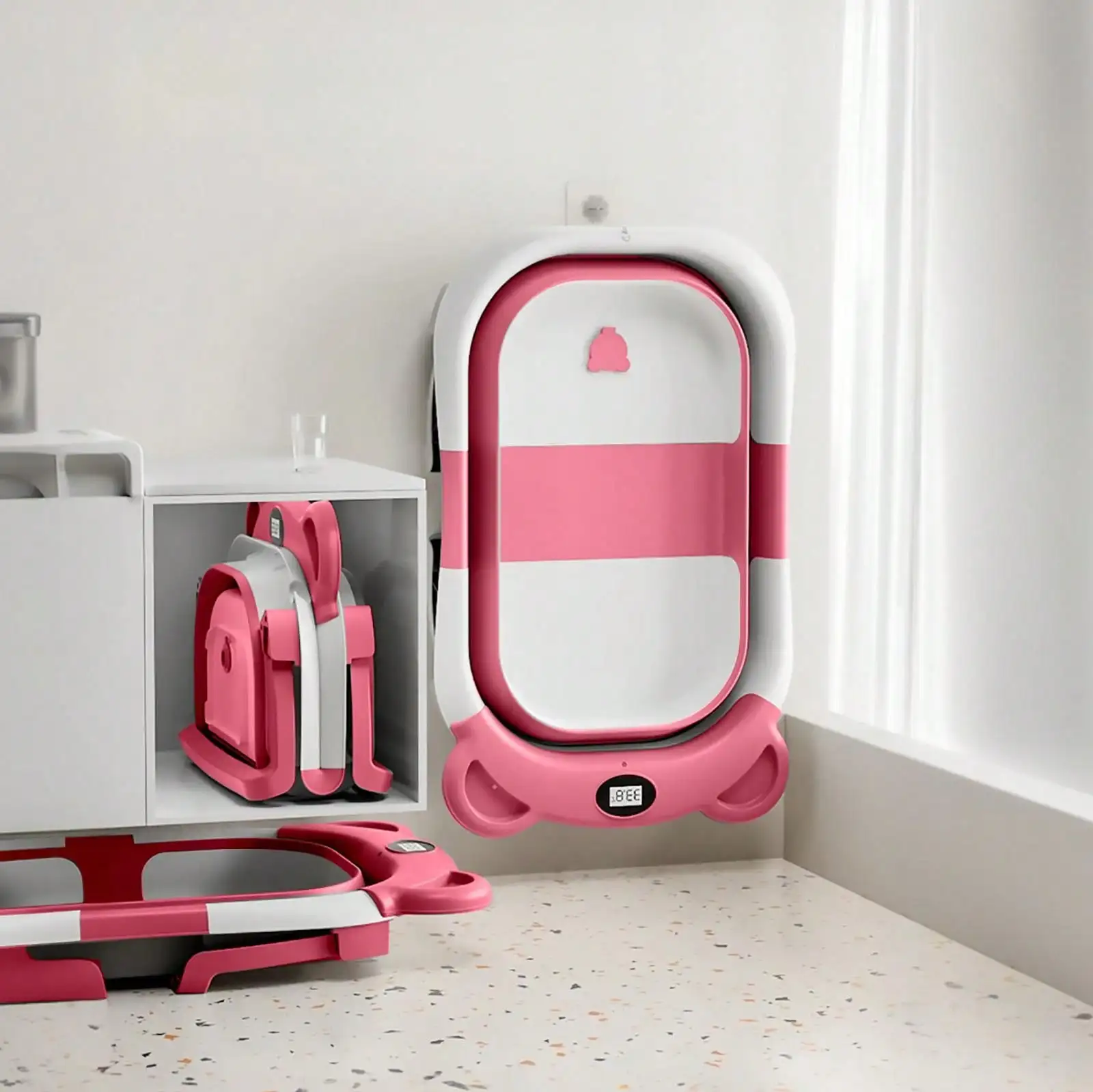 Tragbare, faltbare Babybadewanne für Neugeborene mit Echtzeit-Thermometer, weichem Stützkissen, zusammenklappbare Reise-Babybadewanne mit Ablaufstopfen, kompakte Aufbewahrung, Kinderbadewanne – Detail 17