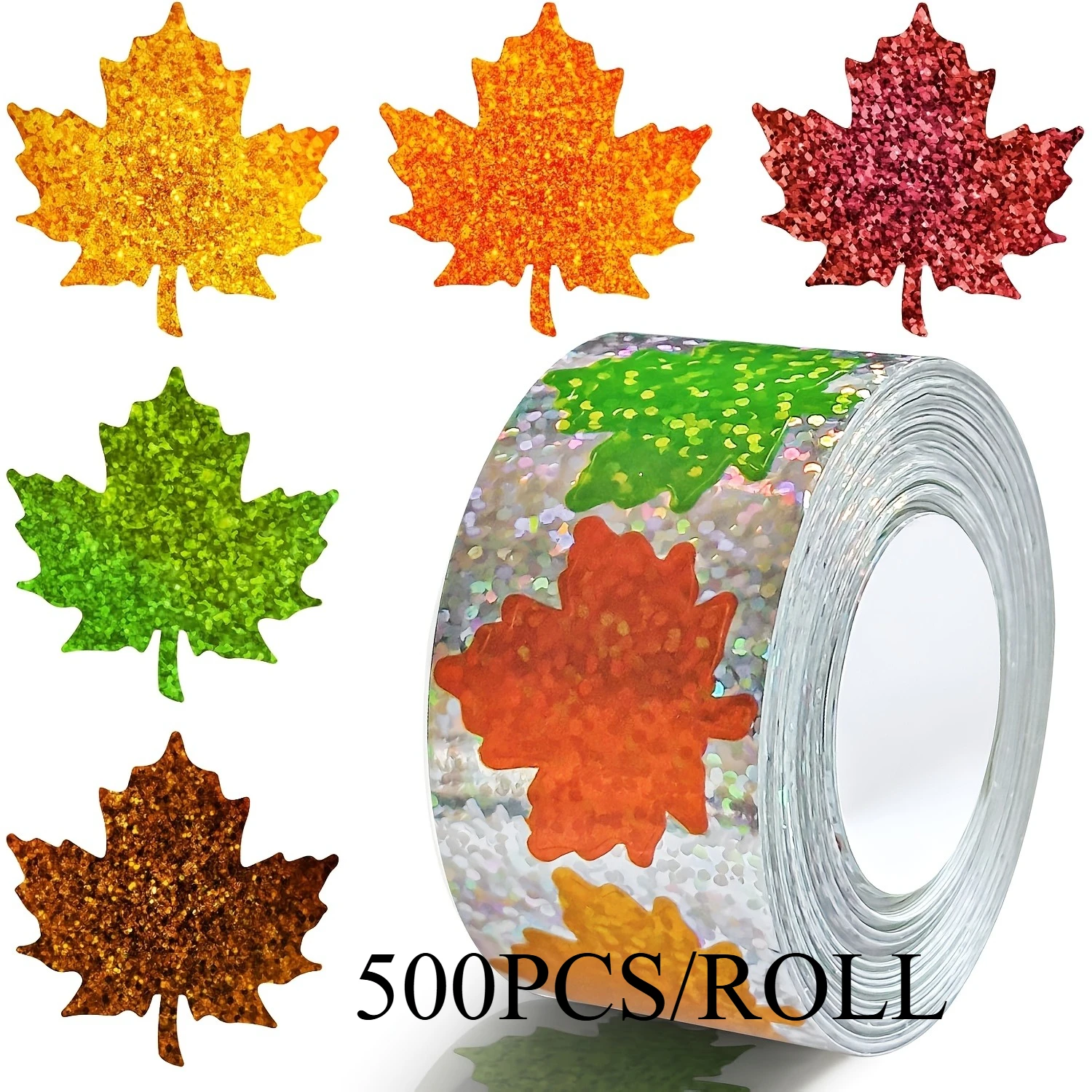 500pcs 5-Color Laser Fine Sand Leaf Stickers, Self-Adhesive Roll for Office/School Labels, Autumn Party Cards, Envelope Sealing
