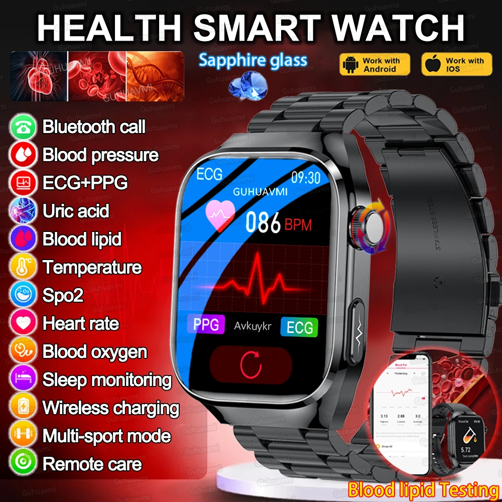 

New Blood lipid Uric Acid Body Fat Smartwatch Men Micro Physical Examination Five Organ Health Watches Bluetooth Call SmartWatch