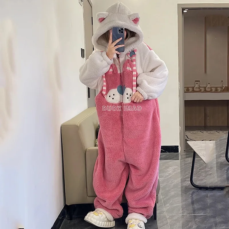 

Winter Onesies Pajamas Women Coral Fleece Warm Cartoon Pink Cat Hooded Nightgown Girls Sweet Home Clothes Sleepwear